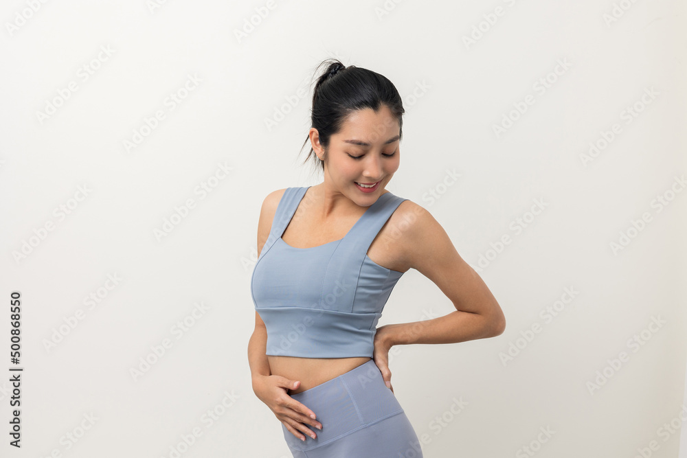 Happy Young beautiful asian woman with sportswear on isolated white background. Portrait sporty woman standing pose exercise workout in studio. Happy Young beautiful asian woman with sportswear on isolated white background. Portrait sporty woman standing pose exercise workout in studio.
