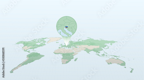 World map in perspective showing the location of the country Slovenia with detailed map with flag of Slovenia.