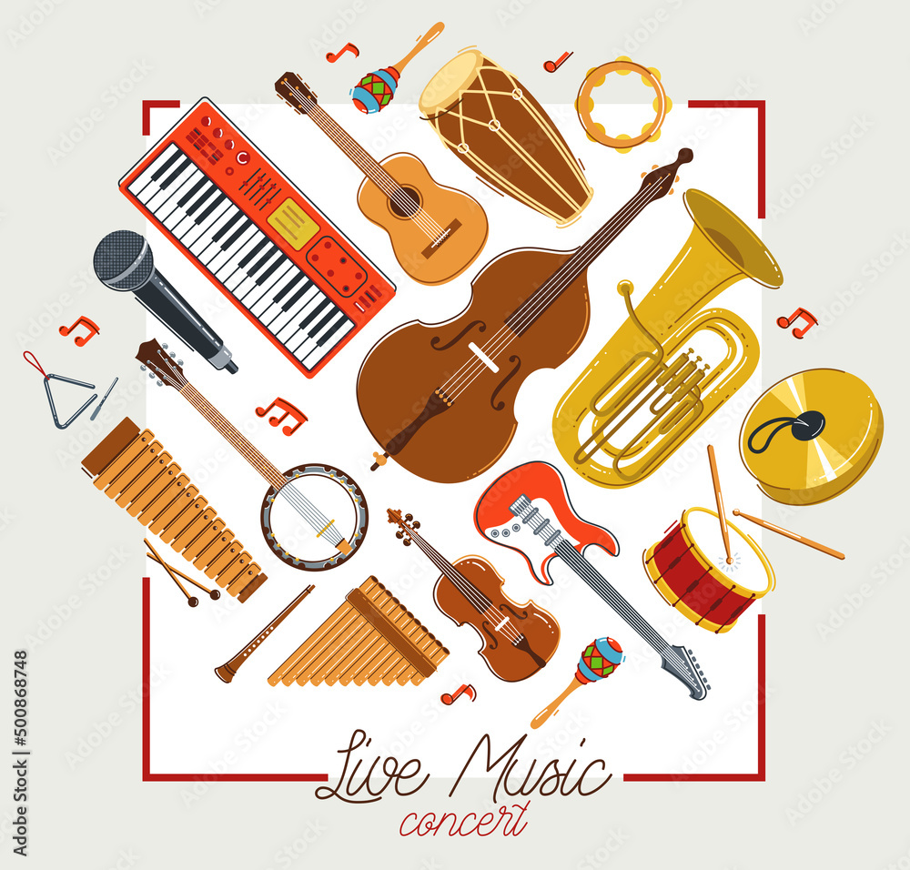 Obraz premium Music orchestra diverse instruments vector flat poster, live sound concert or festival, musical band or orchestra playing and singing songs advertising flyer or banner.