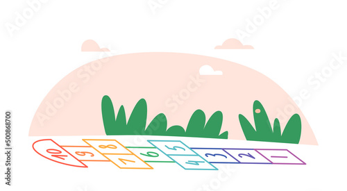 Cartoon Background with Hopscotch Game for Children, Colorful Chalk Drawing on Ground. Grid with Numbers