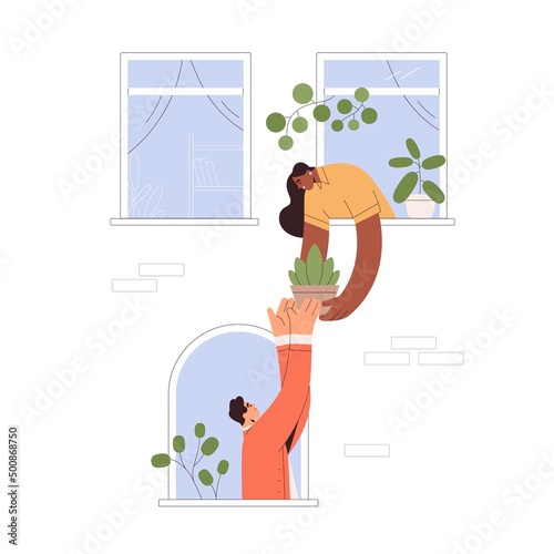 Good neighborhood concept. Neighbors help, woman sharing potted house plant, giving to man from open window. Neighbours friendship. Flat graphic vector illustration isolated on white background