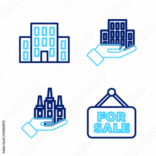 Set line Hanging sign with For Sale, Skyscraper, and House icon. Vector