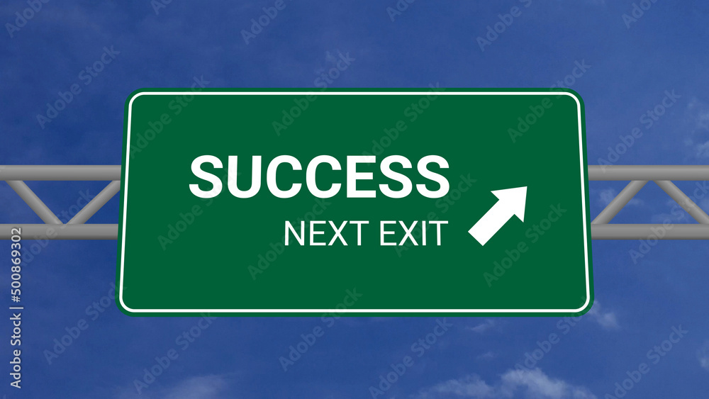 Next Exit is Success Highway Road Sign on Clear Blue Sky with Rapid Moving Clouds Next Exit is Success Highway Road Sign on Clear Blue Sky with Rapid Moving Clouds