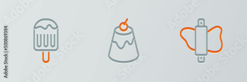 Set line Rolling pin on dough, Ice cream and Pudding custard icon. Vector