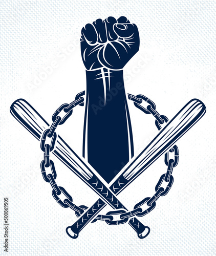Anarchy and Chaos aggressive emblem or logo with strong clenched fist, vector vintage style tattoo, rebel rioter partisan and revolutionary.