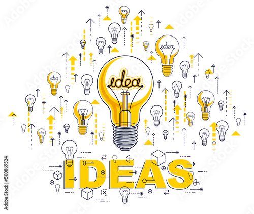 Shining light bulb and set of lightbulb icons, ideas creative concept, brainstorm allegory, vector illustration.