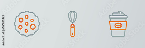 Set line Coffee cup to go, Cookie or biscuit and Kitchen whisk icon. Vector