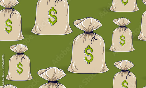 Money bags seamless background, backdrop for financial business website or economical theme ads and information, vector wallpaper or web site background.