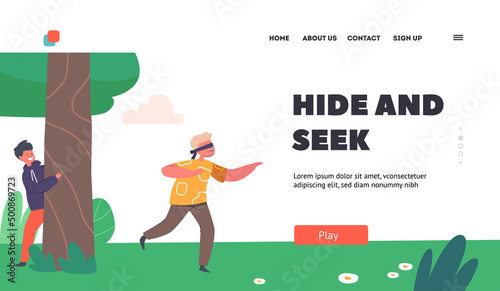 Hide and Seek Landing Page Template. Little Boy with Blindfold Trying to Catch Friend Hiding behind of Tree in Park