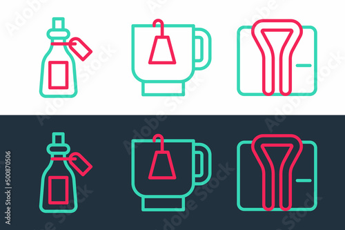 Set line Bathrobe, Essential oil bottle and Cup of tea with tea bag icon. Vector