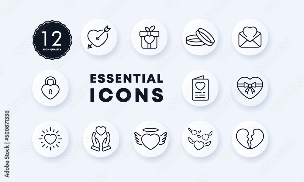 Love icon set. Love correspondence. Date on the calendar. Give a heart. Search for love. Neomorphism style. Vector eps 10