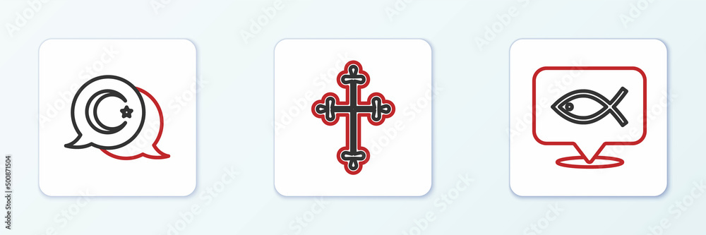 Set line Christian fish, Star and crescent and cross icon. Vector Set line Christian fish, Star and crescent and cross icon. Vector