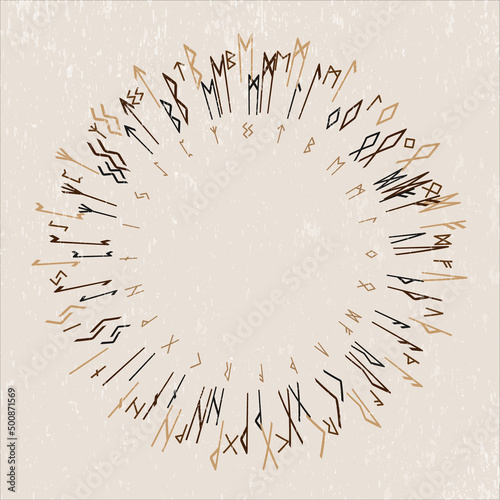 Set of related runic alphabets icon. Round runes ethnic  font symbol graphic. Ancient vikings norse vector illustrator background.