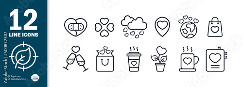 Set of love and dates icons. Coffee, two glasses, notebook, planet, clover, glued heart. Vector epa 10