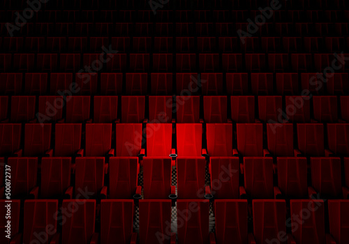 Rows of red velvet seats watching movies in the cinema with spotlight only couple deluxe seat background. Entertainment and Theater concept. 3D illustration rendering
