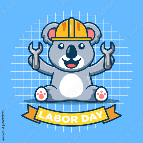 Cute koala with labor day theme. Flat cartoon style. photo