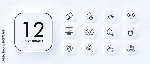 Water icons set. Raising the water level. Purification and desitylation of water. Help with water scarcity. Neomorphism style.