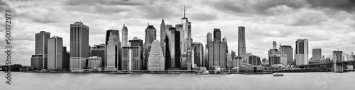 New York City downtown skyline panoramic black and white view