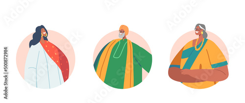 Indian People Wear Traditional Clothes Isolated Round Icons or Avatars. Young Smiling Male and Female Characters