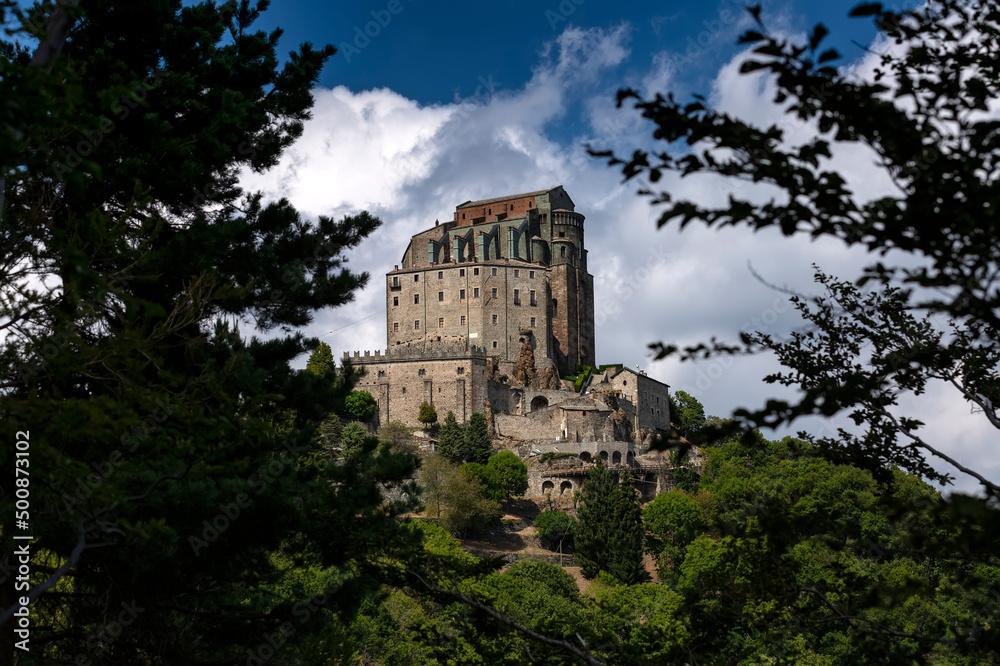 Scenic sight of the Sacra di San Michele (Saint Michael's Abbey). Province of Turin, Piedmont, Italy