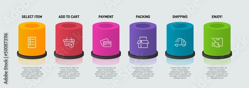 Concept of shopping process with 6 successive steps. Six colorful graphic elements. Timeline design for brochure, presentation, web site. Infographic design layout.