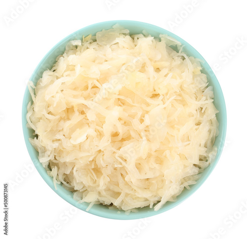 Bowl of tasty sauerkraut on white background, top view
