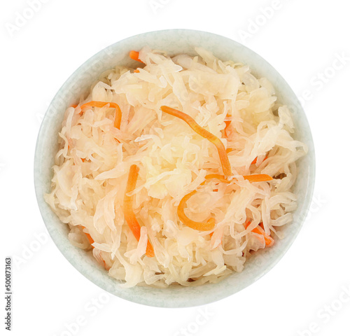 Bowl of tasty sauerkraut with carrot on white background, top view