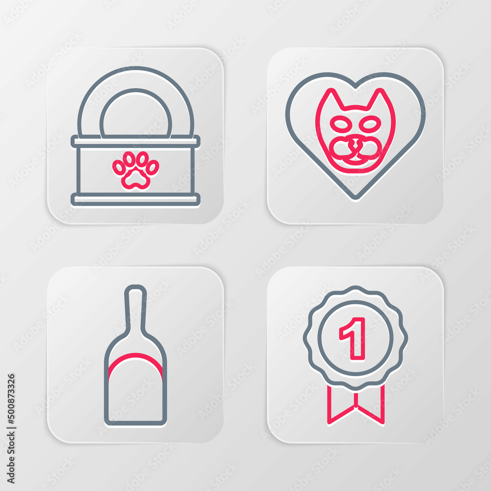 Set line Dog award symbol, Dustpan, Heart with cat and Canned food icon. Vector Set line Dog award symbol, Dustpan, Heart with cat and Canned food icon. Vector
