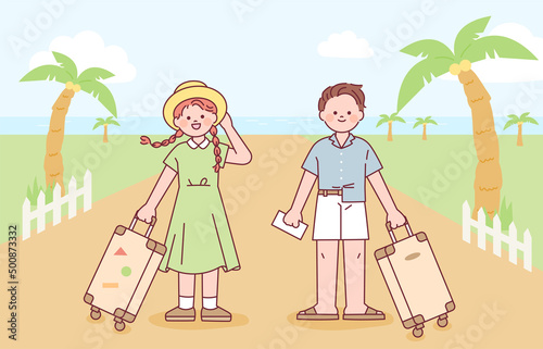 Summer vacation style man and woman with luggage stand on sea background. outline simple vector illustration.