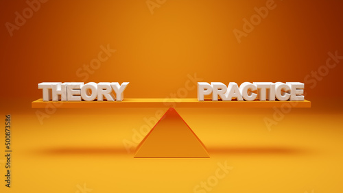 The words theory and practice are balanced on a seesaw. Theory and practice relationship, connection or balance