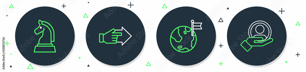 Set line Hand with pointing finger, Planet flag, Chess and for search people icon. Vector Set line Hand with pointing finger, Planet flag, Chess and for search people icon. Vector