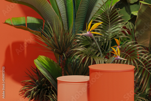 Podium with tropical garden on Apricot crush background. Studio with tropical trees and leaves. Advertisement idea. Creative composition. 3d render