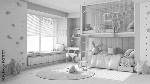 Photos Total white project draft, modern children bedroom with bunk bed, parquet floor, big window with bench and blinds, desk, carpet with toys, beds with pillows and duvet