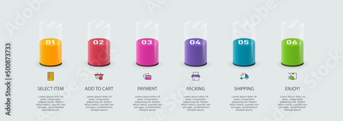Concept of shopping process with 6 successive steps. Six colorful graphic elements. Timeline design for brochure, presentation, web site. Infographic design layout.