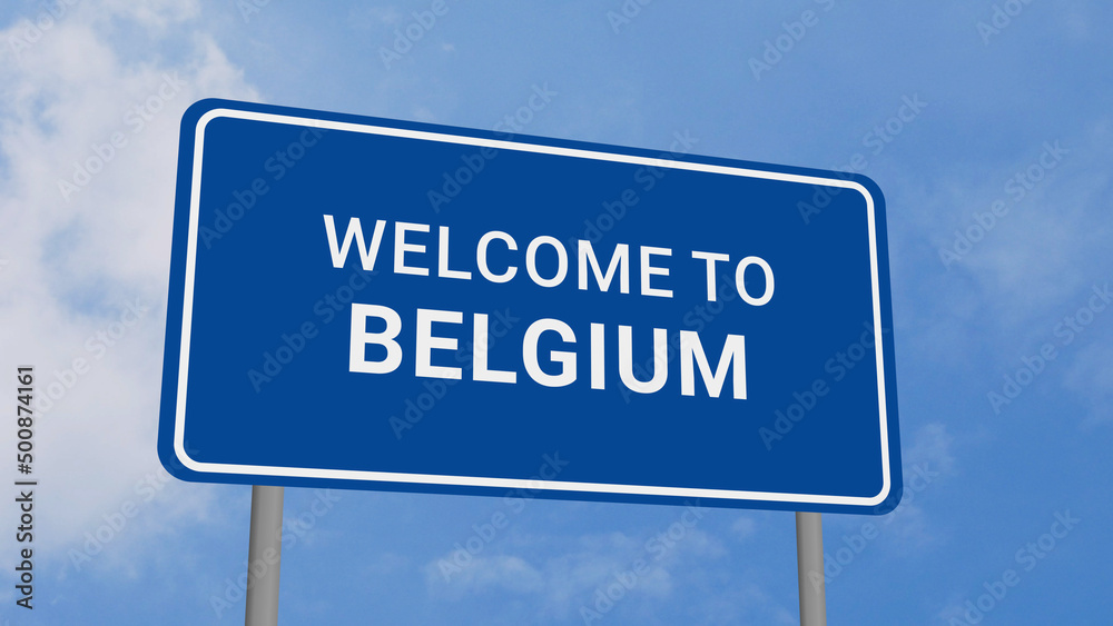 Welcome to Belgium Road Sign on Clear Blue Sky Welcome to Belgium Road Sign on Clear Blue Sky