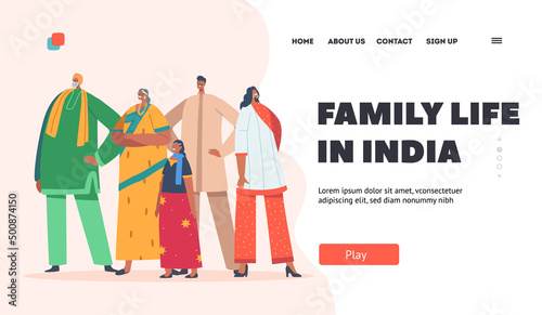 Family Life in India Landing Page Template. Indian Family Wear Traditional Clothes. Male and Female Characters Parents