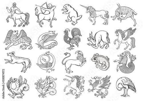 Heraldic mythical animals and creatures. Traditional character styles for coats of arms and shields. Clip art, set of elements for design Vector illustration.
