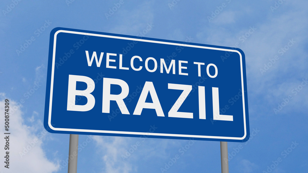 Welcome to Brazil Road Sign on Clear Blue Sky Welcome to Brazil Road Sign on Clear Blue Sky