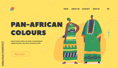 Pan-african Colours Landing Page Template. African Man and Woman Wear Tribal Clothes, Headwear and Accessories