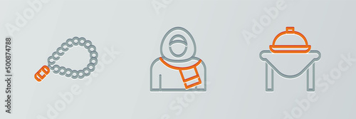 Set line Table food, Rosary beads religion and Muslim woman in hijab icon. Vector