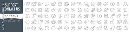 Contact us and support line icons collection. Big UI icon set in a flat design. Thin outline icons pack. Vector illustration EPS10