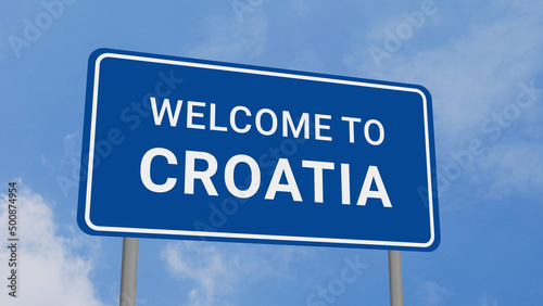 Welcome to Croatia Road Sign on Clear Blue Sky © Herman