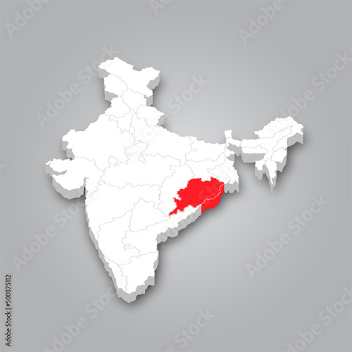 3D Map of India and the Location of the State of Odisha Marked in Red. photo