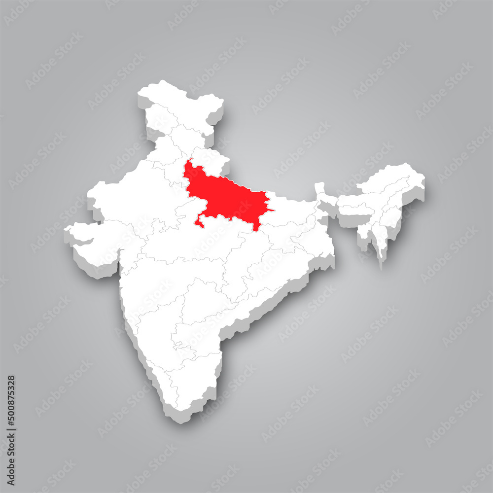 Political Map of India 3D Map of India and Map of Uttar Pradesh are Marked in Red.