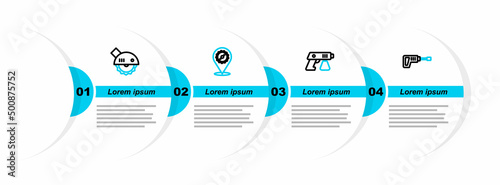 Set line Rotary hammer drill machine, Paint spray gun, Circular saw blade and Electric circular icon. Vector