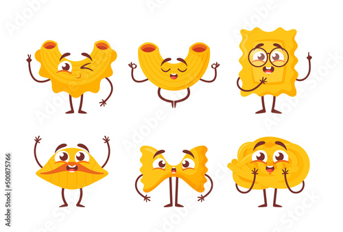 Set of Funny Pasta Characters  Noodles with Cute Faces  Hands and Feet  Comic Spaghetti  Rigati or Fettuccine Personages