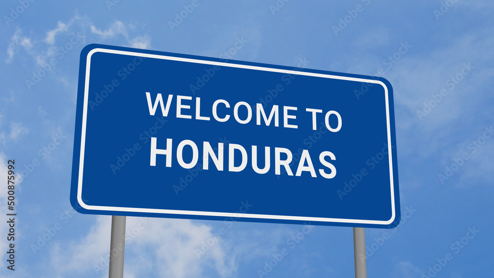 Welcome to Honduras Road Sign on Clear Blue Sky Welcome to Honduras Road Sign on Clear Blue Sky