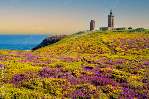 Phare au coucher de soleil avec une prairie fleurie