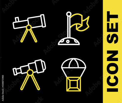 Set line Moon with flag, Box flying parachute, Telescope and icon. Vector