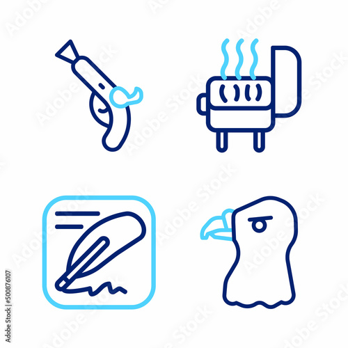 Set line Eagle head, Declaration of independence, Barbecue grill and Vintage pistols icon. Vector